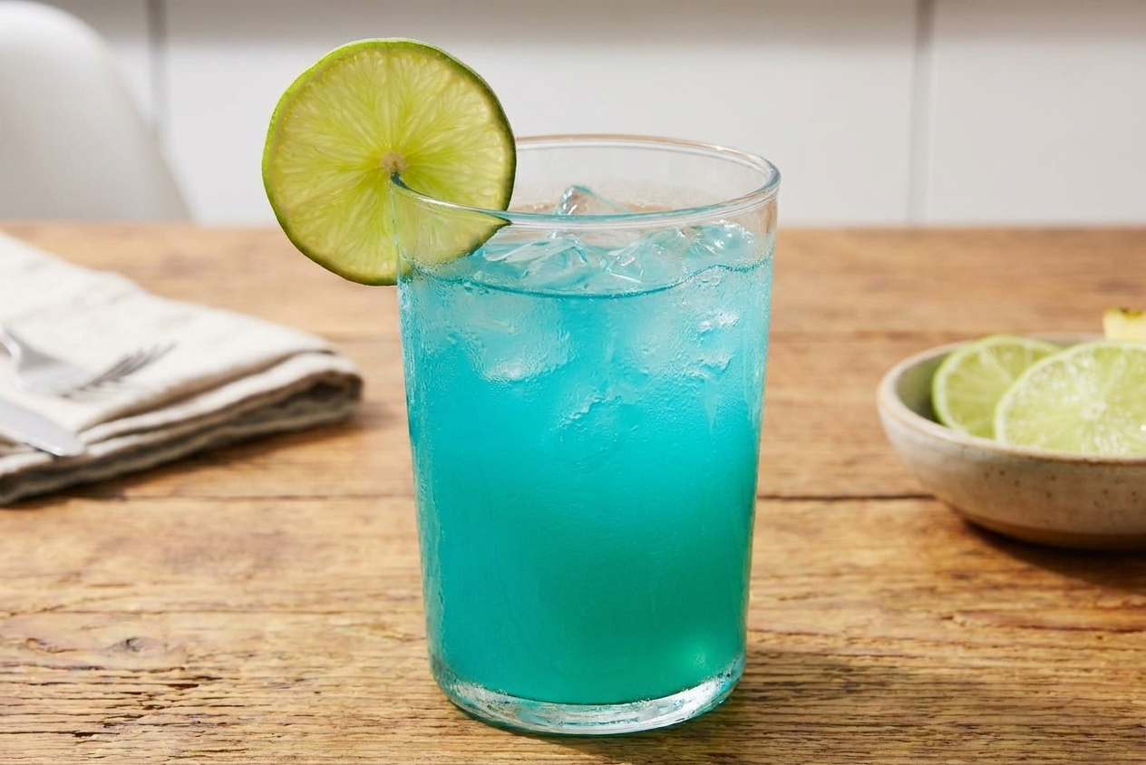 A close-up of a glass of ocean-blue punch with ice and a lime wheel on the rim, with condensation on the glass on a wooden table