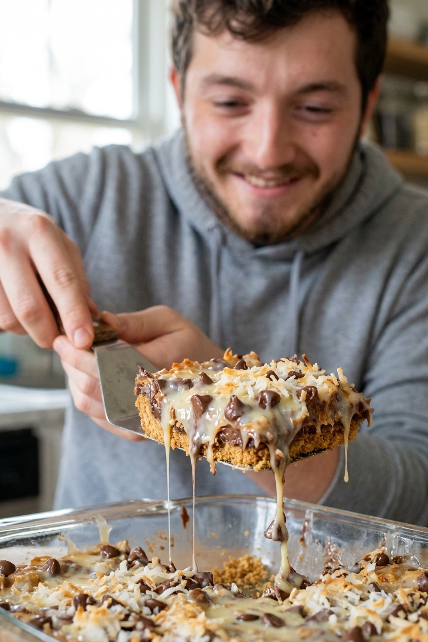A close-up of a gooey hello dolly bar being lifted from the pan with a spatula, showing layers of graham crust, melted chocolate, and coconut