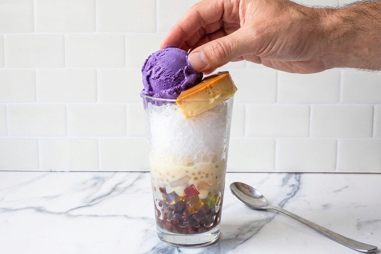 A close-up of a halo-halo glass being topped with a scoop of ube ice cream and a slice of leche flan, with a long spoon resting beside the glass