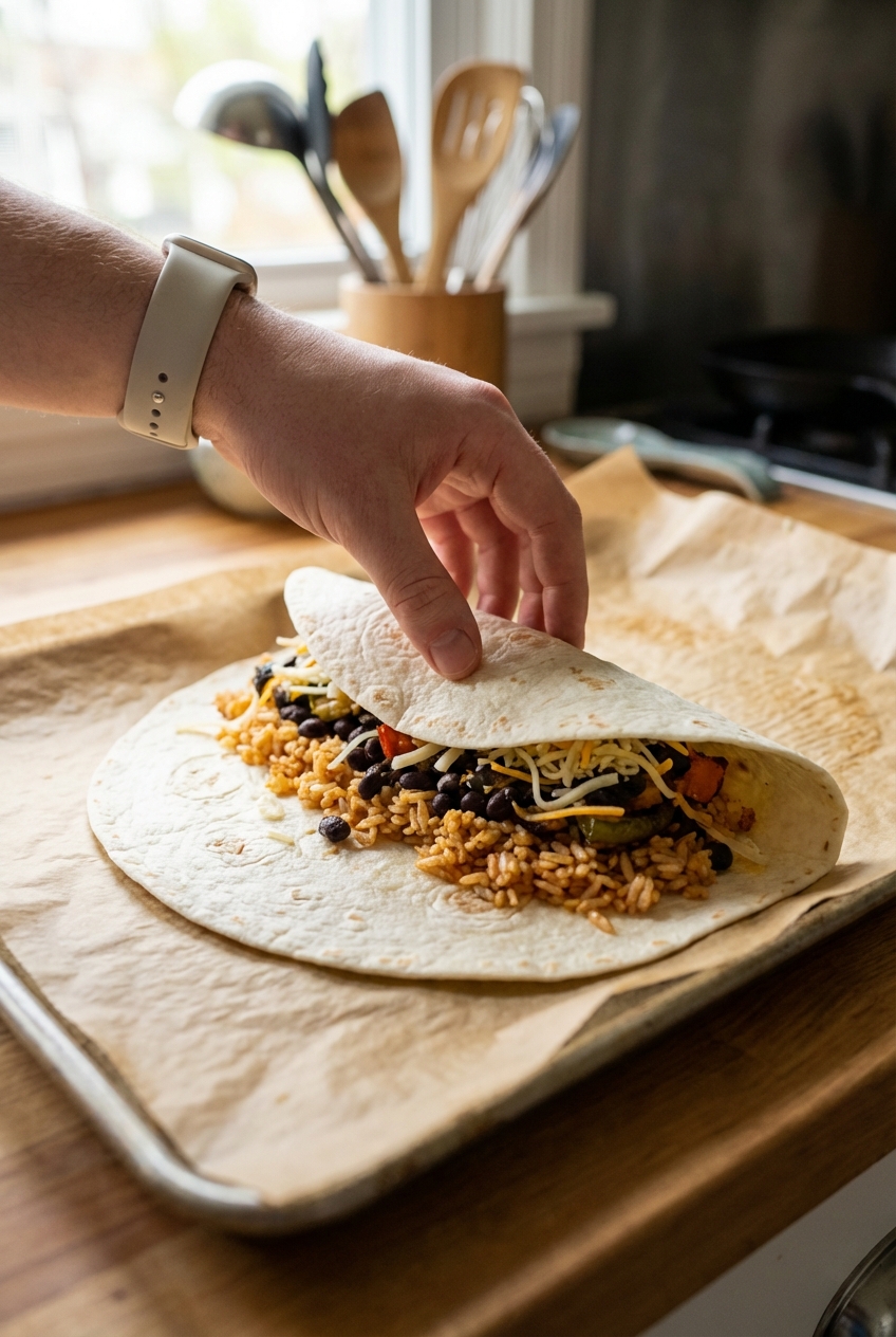 A close-up of a hand folding a large flour tortilla around layered fillings on a parchment-lined sheet pan