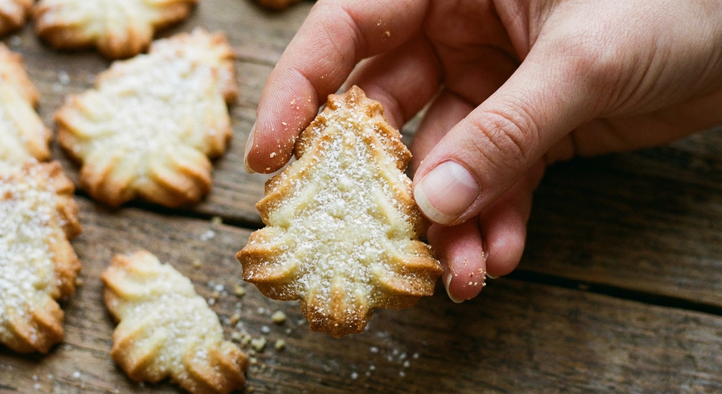 A close-up of a hand holding a spritz cookie with crisp edges and a tender center