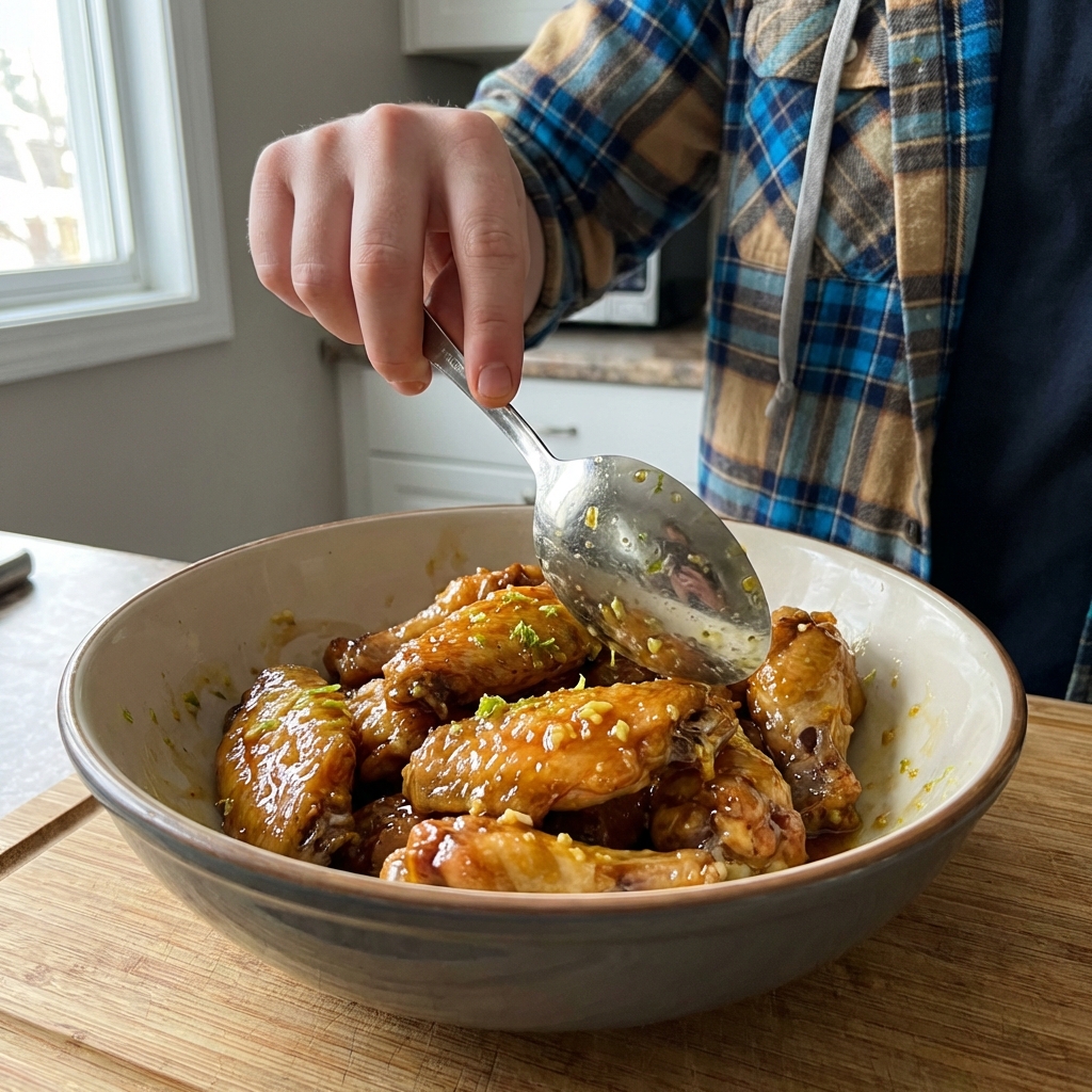 A close-up of a hand tossing baked chicken wings in a bowl with a shiny ginger lime sauce