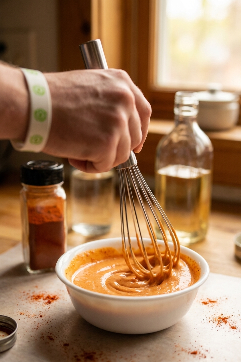 A close-up of a hand whisking creamy French dressing in a small white bowl, with paprika and vinegar bottles softly blurred in the background, warm natural light, photorealistic food photography
