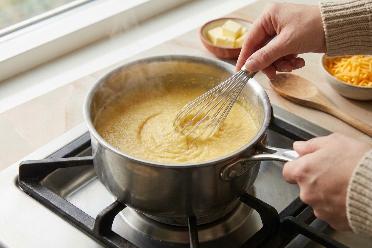 A close-up of a home cook's hands whisking creamy grits in a saucepan on a stovetop, with butter and shredded cheese nearby on the counter