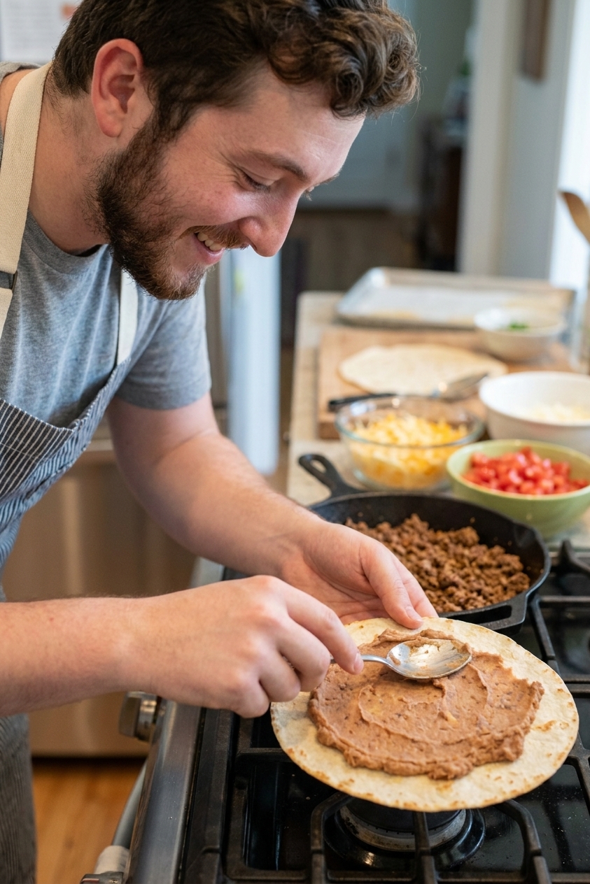 A close-up of a homemade Mexican pizza being assembled with a crisp tortilla base, a layer of refried beans, and seasoned beef in a skillet nearby, real food photography