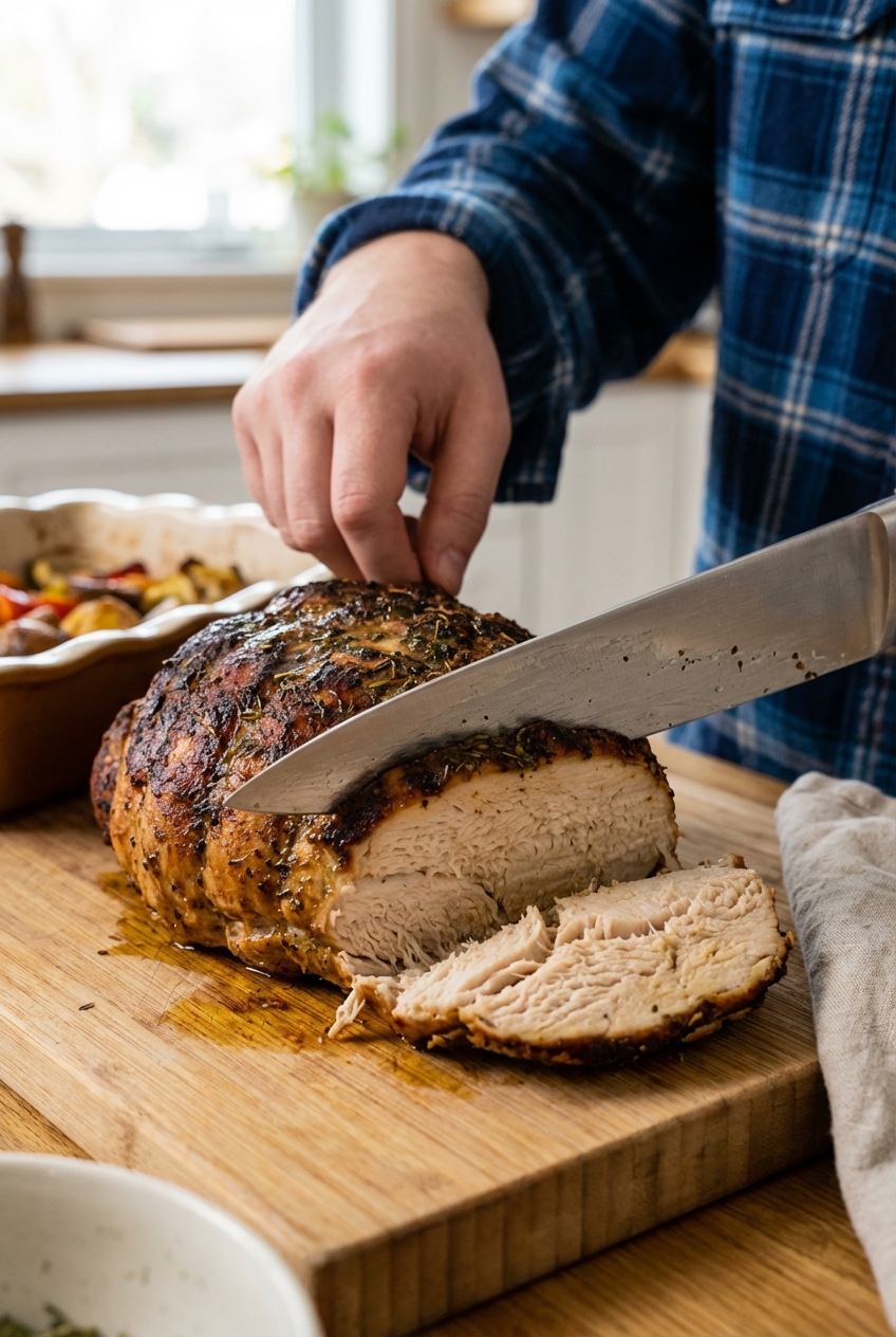 A close-up of a knife slicing a vegan turkey-style roast with a browned crust and juicy interior