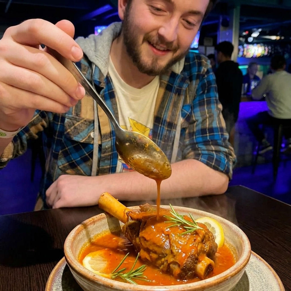 A close up of a lamb shank being spooned with lemony tomato sauce in a bowl