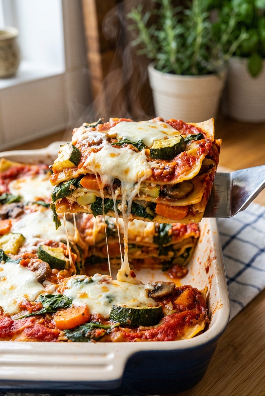 A close-up of a lasagna slice being lifted with a spatula, showing cheesy layers and vegetables