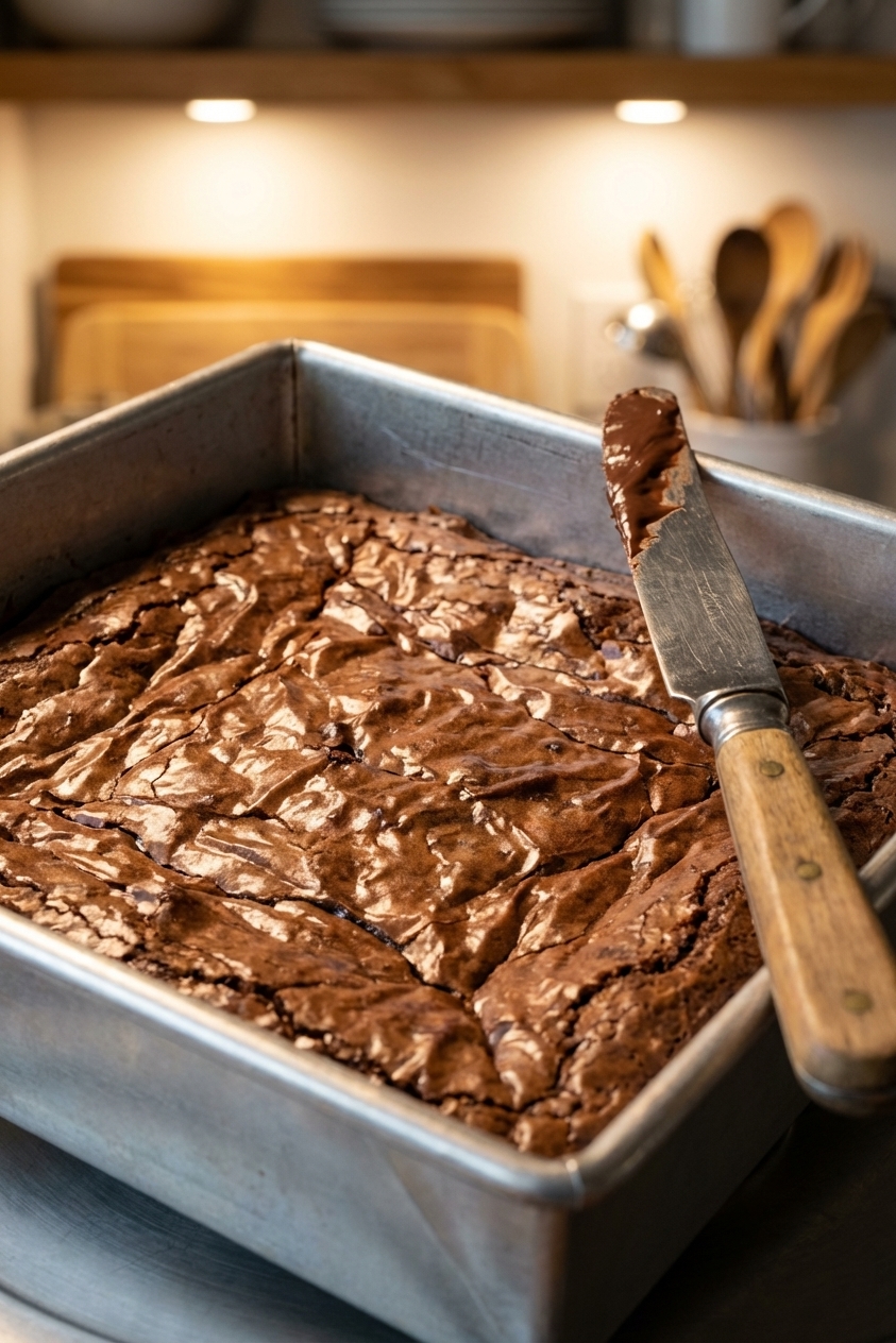 A close-up of a metal baking pan filled with freshly baked fudgy brownies, crackly top, a butter knife resting on the edge of the pan, warm kitchen lighting, photorealistic food photography