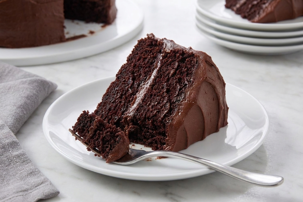 A close-up of a moist slice of chocolate cake on a plate with a fork, showing a tender crumb and glossy chocolate frosting