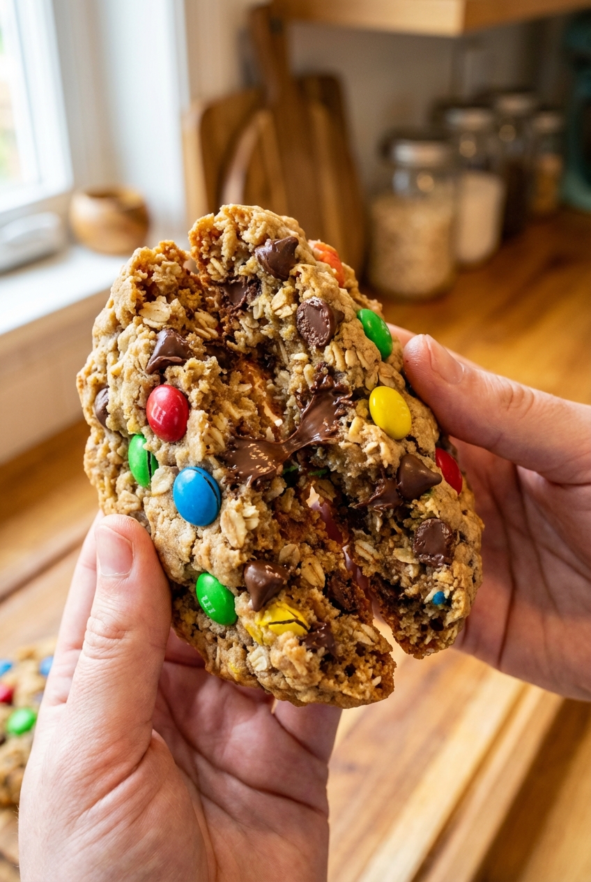 A close-up of a monster cookie broken in half showing a chewy oat-filled center with colorful candy and chocolate chips