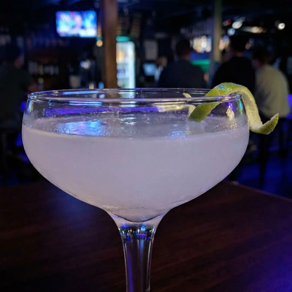 A close-up of a pale daiquiri in a coupe glass with a glossy surface and a thin lime twist resting on the rim