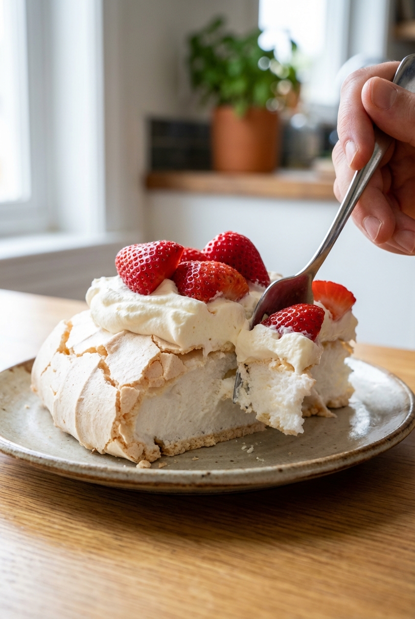 A close-up of a pavlova slice showing a crisp meringue edge and soft marshmallow center with whipped cream and strawberries