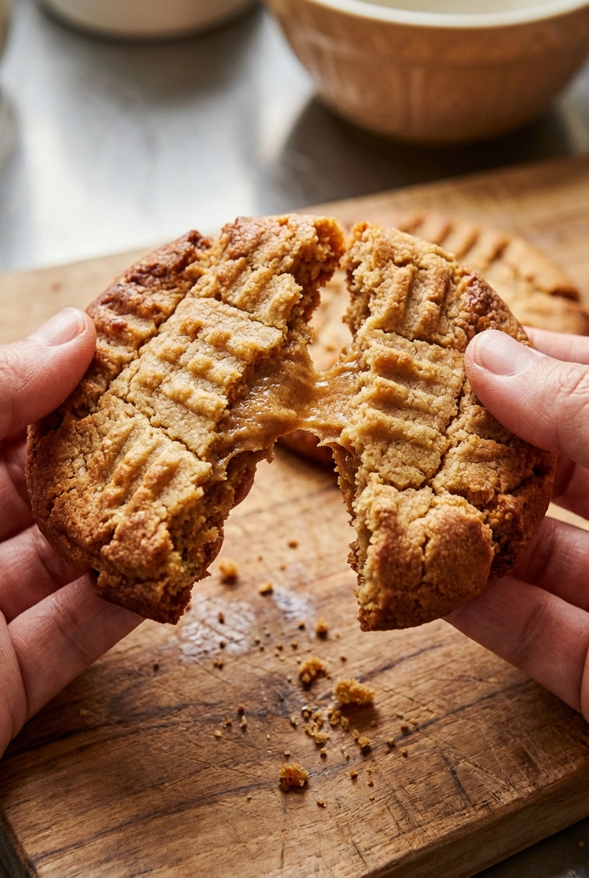 A close-up of a peanut butter cookie broken in half showing a soft center and crisp edge