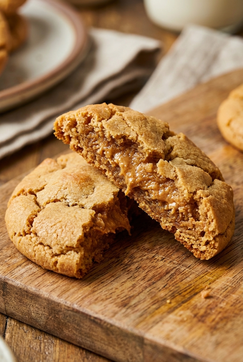 A close-up of a peanut butter cookie with a soft center and crisp edge broken in half