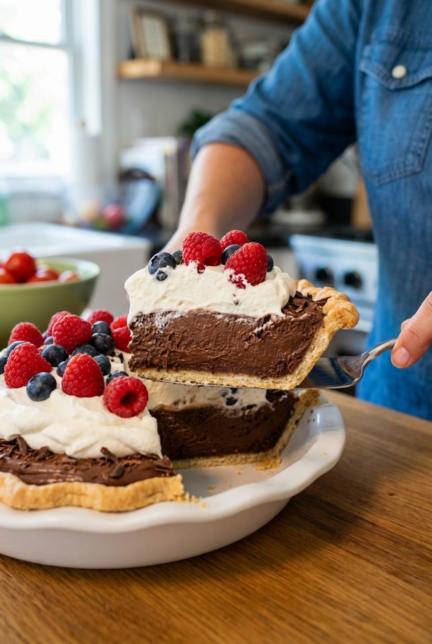 A close up of a pie slice being lifted from a French silk pie with whipped cream and berries on top
