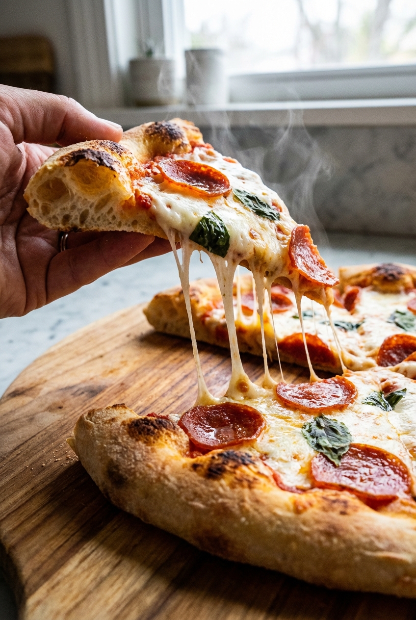 A close-up of a pizza slice being lifted with stretchy melted mozzarella and a soft, airy crust