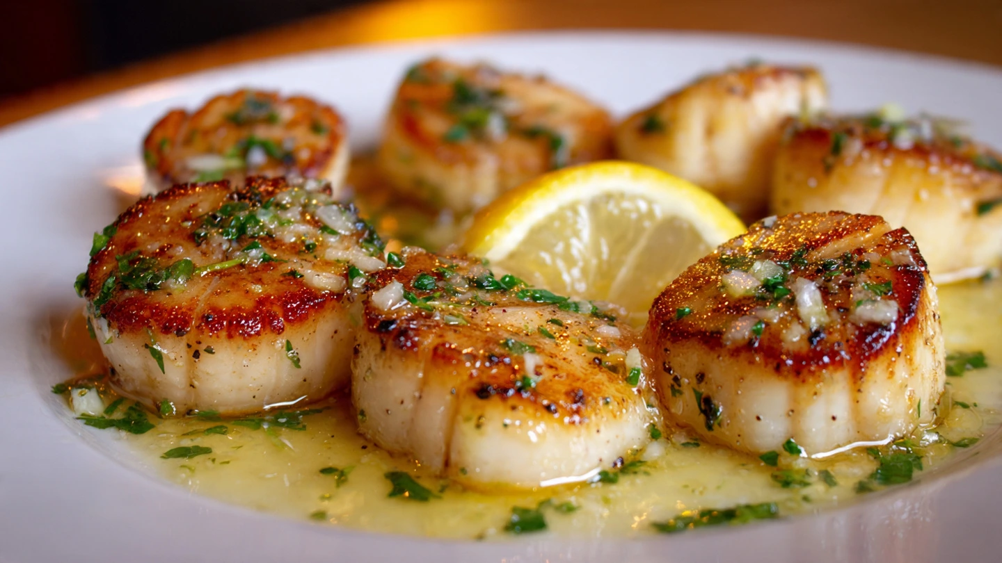 A close-up of a plate with seared scallops and a glossy lemon butter sauce pooling underneath