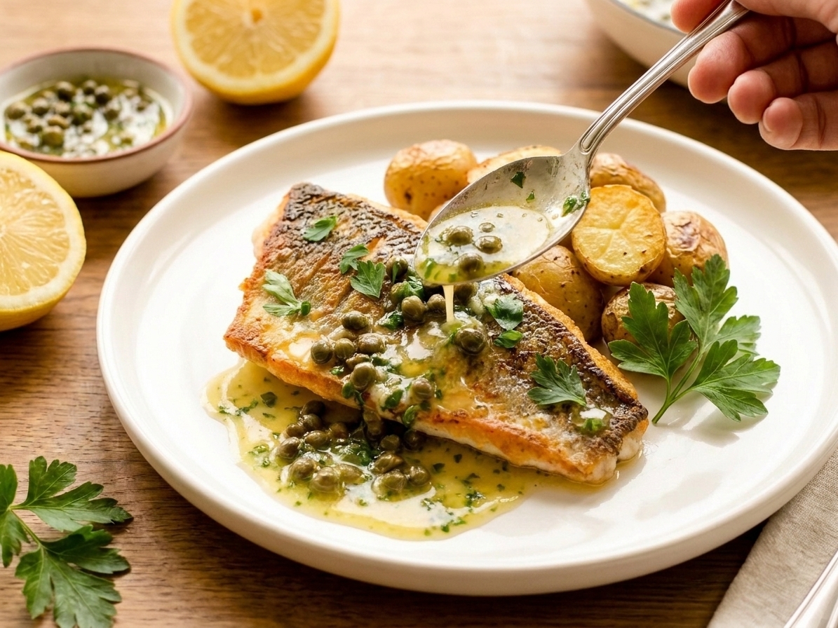A close-up of a plated rockfish fillet with crisp skin being spooned with lemon caper butter sauce, with parsley scattered on top on a simple dinner plate