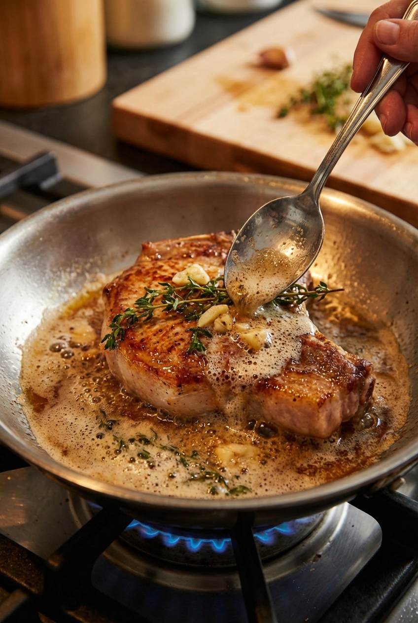 A close-up of a pork chop being basted with foamy butter and herbs in a stainless steel pan