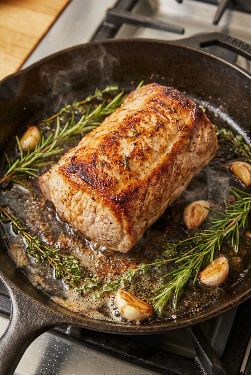 A close-up of a pork loin roast in a cast iron skillet with herbs and garlic sizzling in the pan