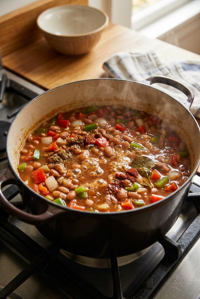A close up of a pot of spiced beans simmering with diced peppers and onions on a stovetop