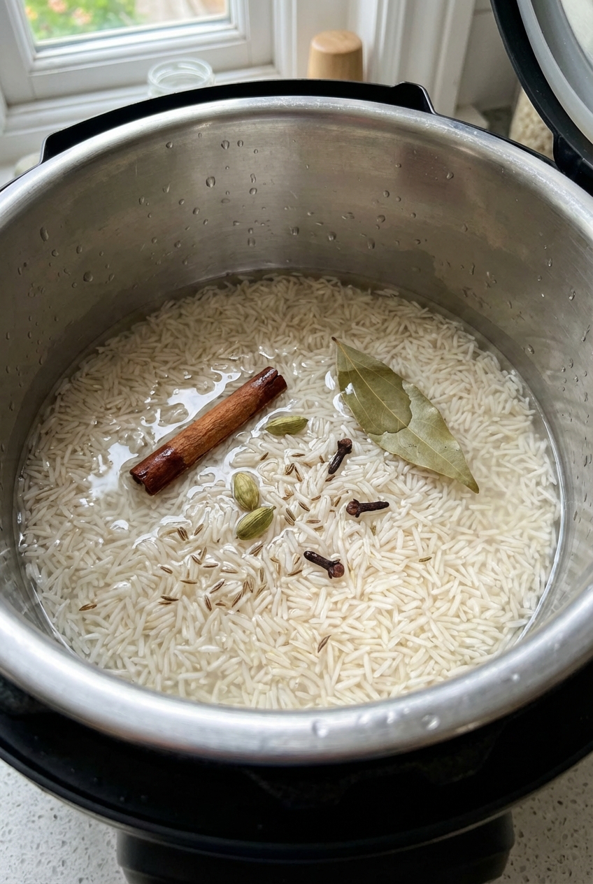 A close-up of a rice cooker inner pot with rinsed basmati rice and whole spices before cooking