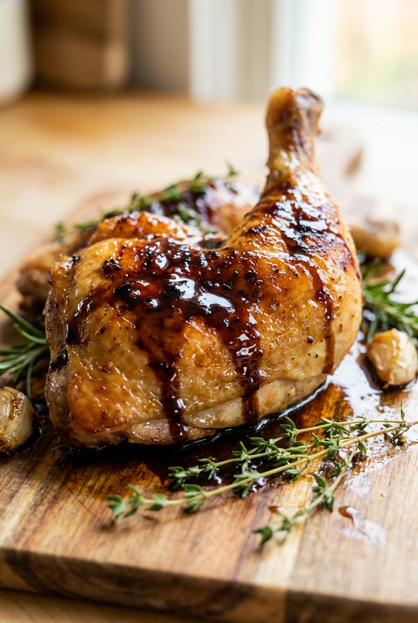A close-up of a roasted Cornish hen leg with crisp skin and a dark glossy sauce