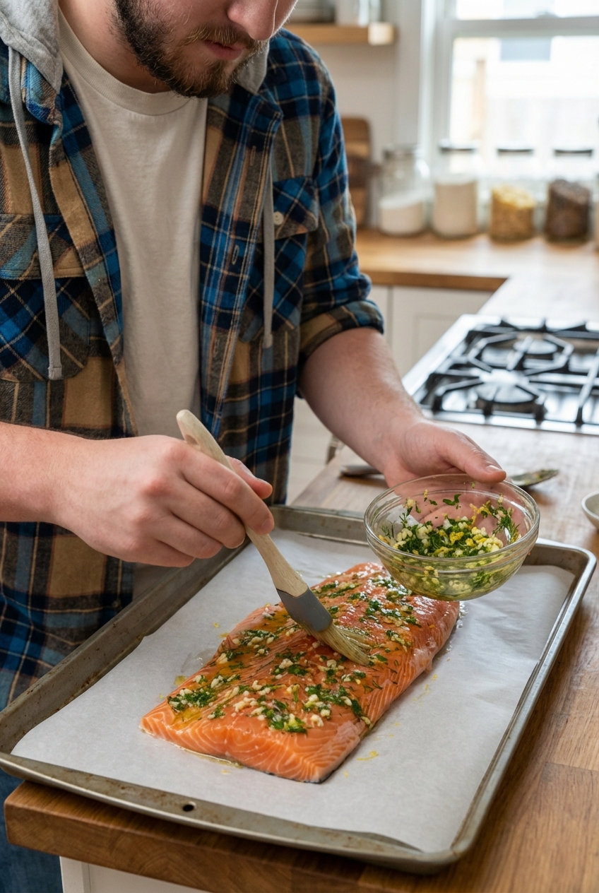 A close-up of a salmon fillet being brushed with a lemon garlic herb mixture on a parchment-lined baking sheet