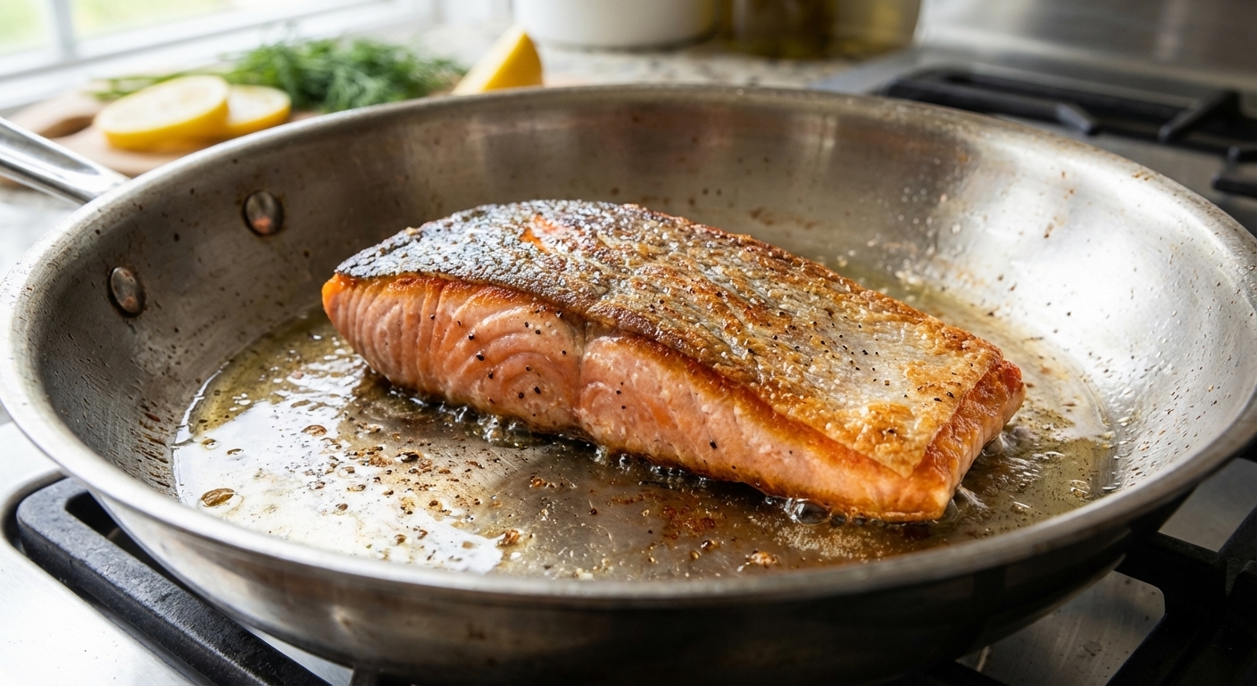 A close-up of a salmon fillet being seared skin-side down in a stainless steel skillet with shimmering oil, golden edges forming, photorealistic food photography