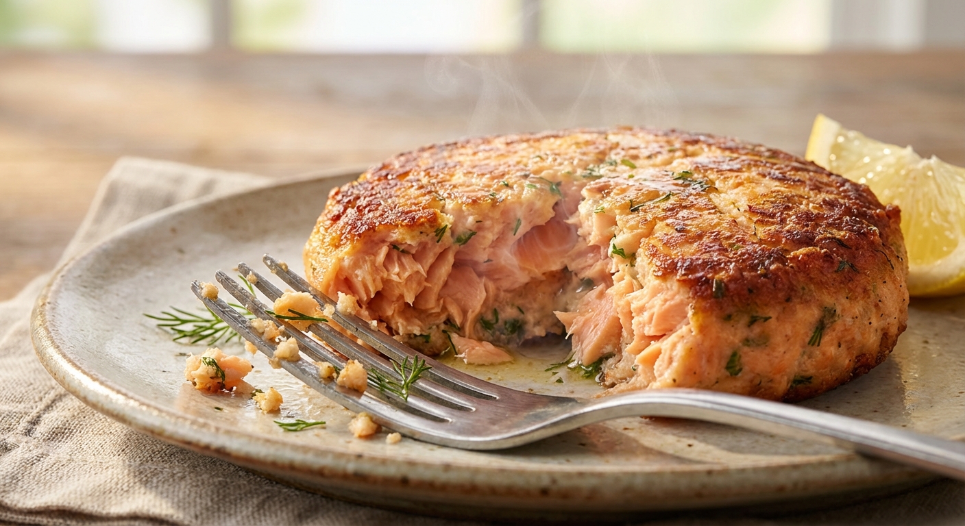 A close-up of a salmon patty being cut open with a fork showing a moist flaky center