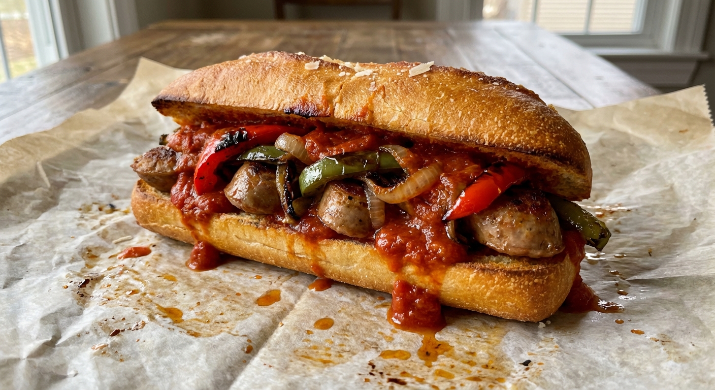 A close-up of a sausage and peppers sandwich on a toasted roll with sauce dripping onto parchment paper