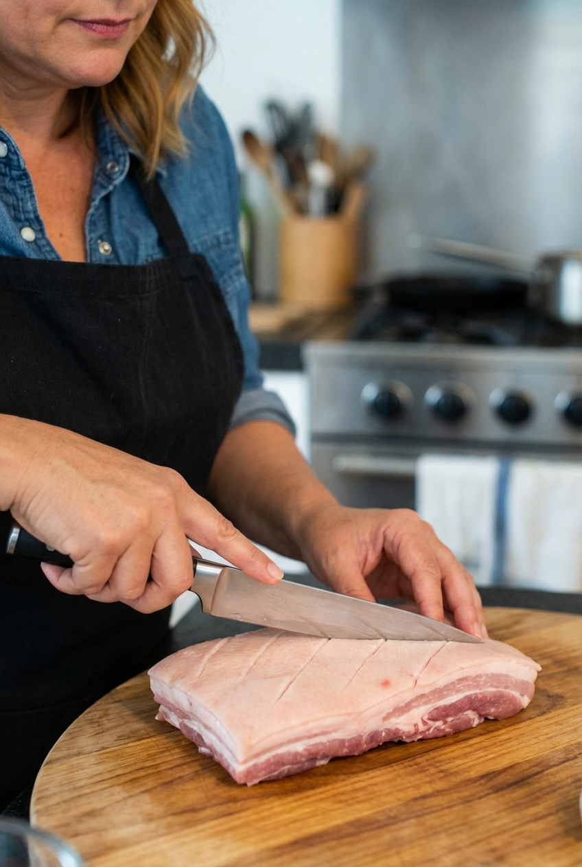 A close-up of a sharp knife scoring pork belly skin in neat shallow lines on a cutting board