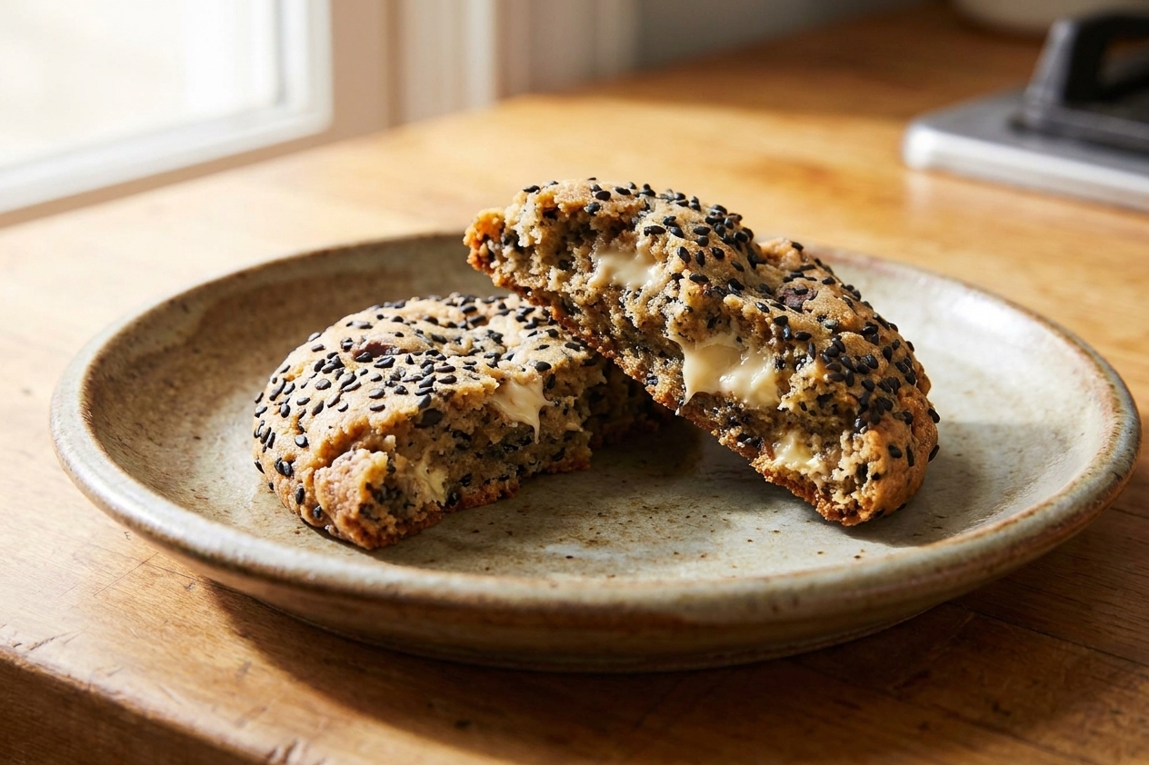 A close-up of a single black sesame miso cookie broken in half showing a chewy center and melted white chocolate pieces on a ceramic plate