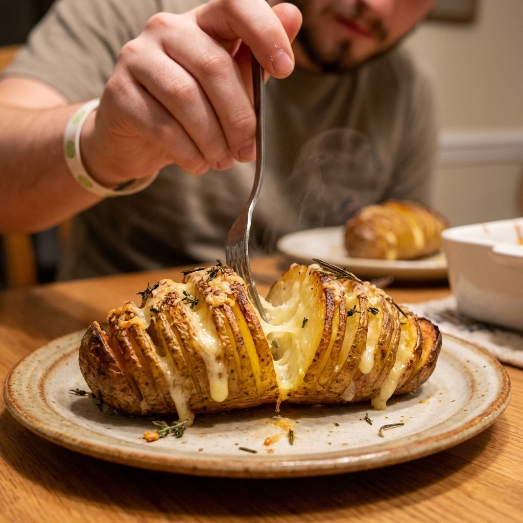 A close-up of a single hasselback potato on a plate with crisp browned edges and melted Parmesan in the slices, a fork pulling apart the tender center, warm dinner lighting