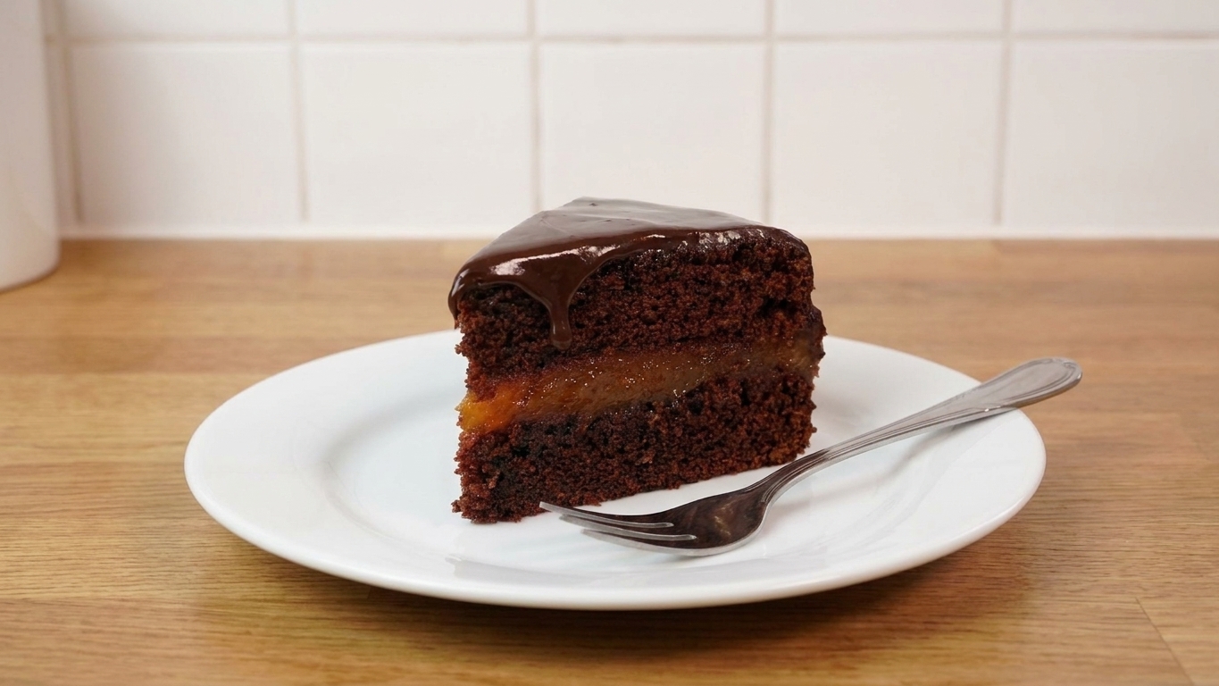 A close-up of a single slice of Sachertorte on a dessert plate, showing the thin apricot jam layer beneath the glossy chocolate glaze