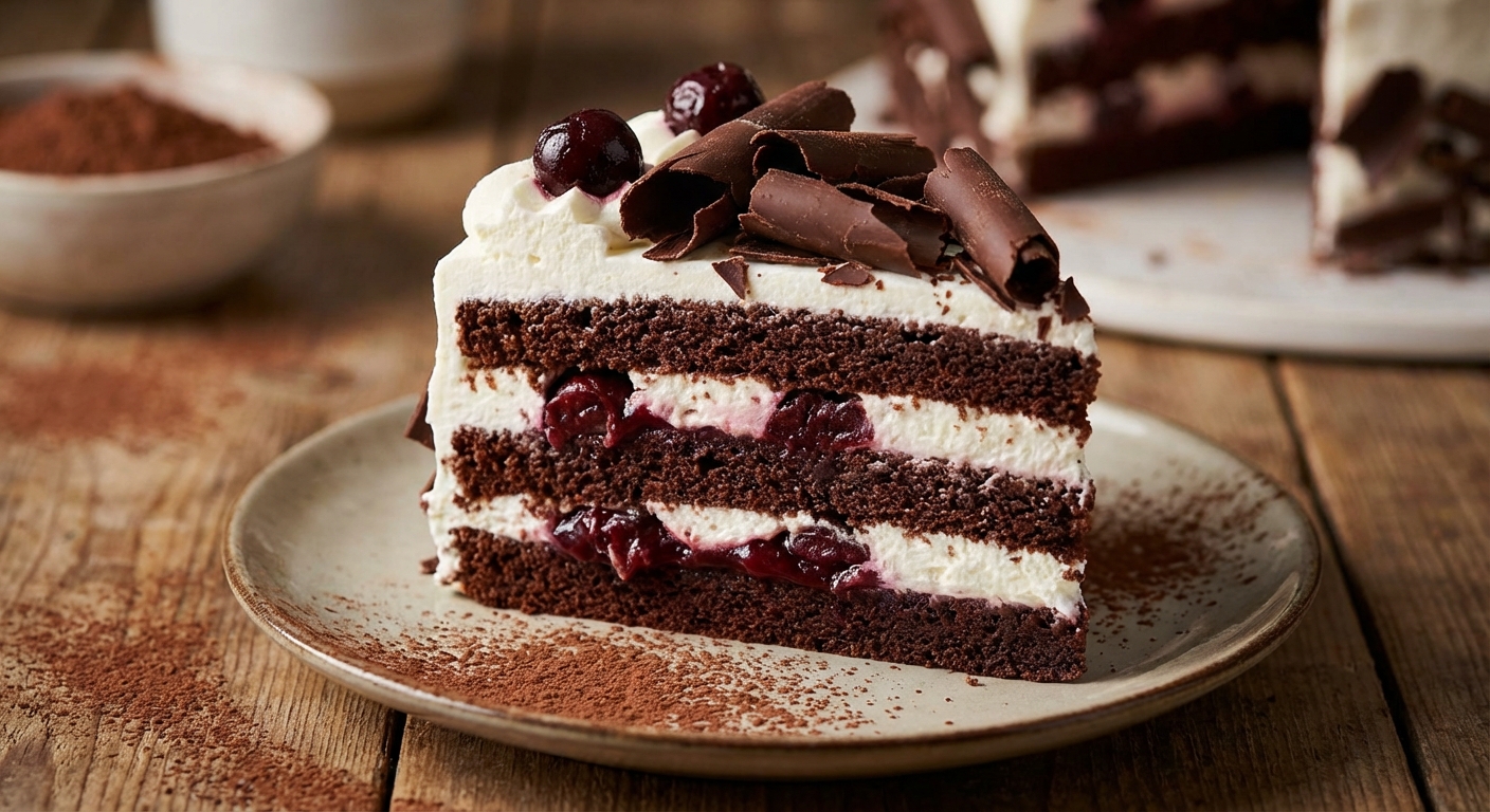 A close-up of a slice of Black Forest cake showing chocolate sponge layers, whipped cream, and cherries on a plate with chocolate shavings