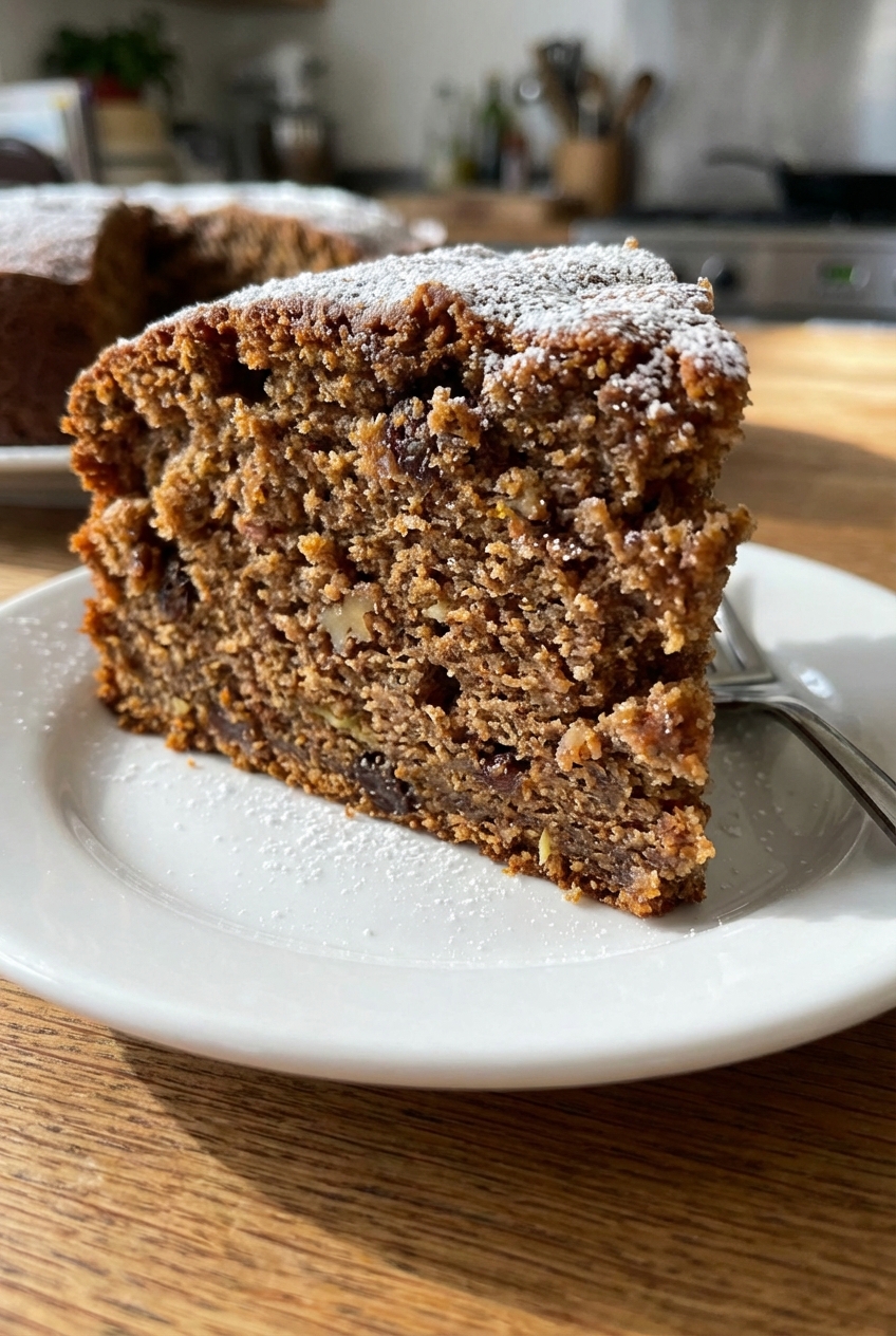 A close-up of a slice of applesauce cake showing a tender, moist crumb on a small plate
