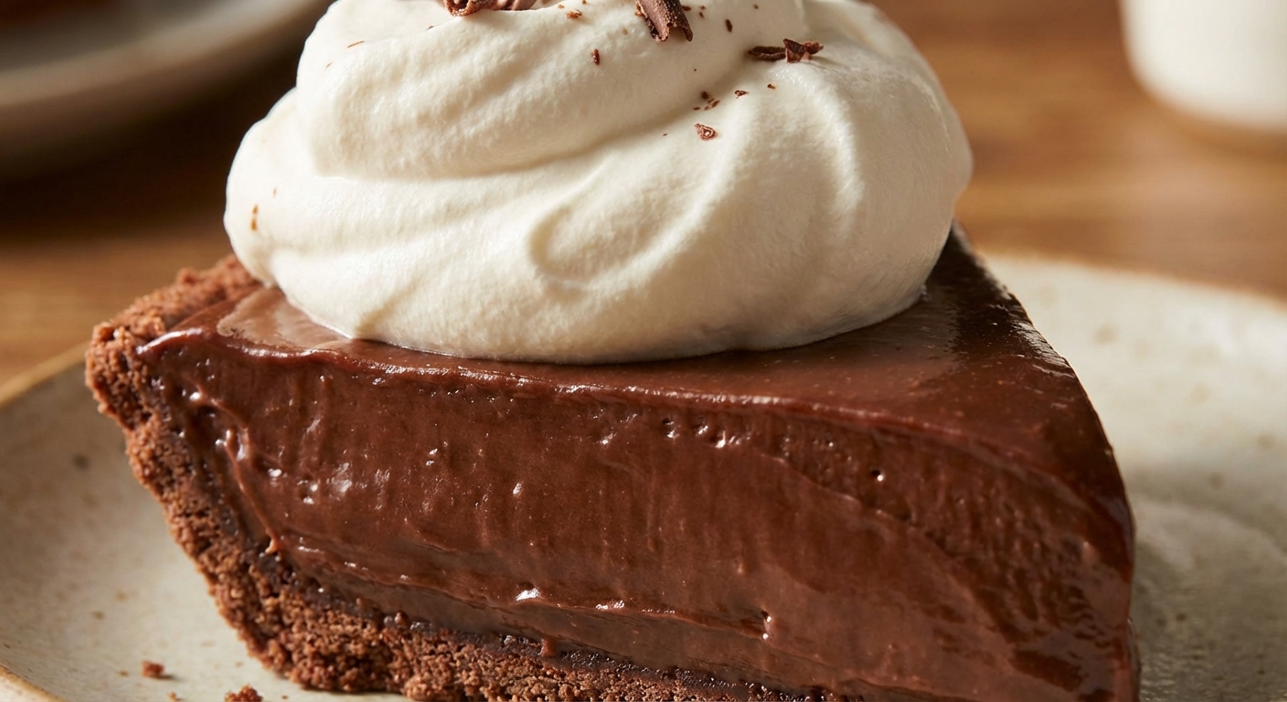 A close-up of a slice of chocolate cream pie showing smooth chocolate filling and fluffy whipped cream