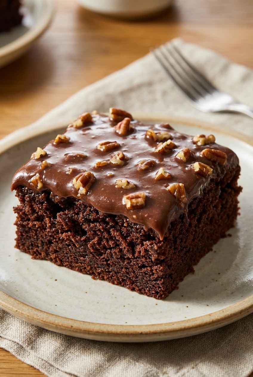 A close-up of a slice of chocolate sheet cake showing a moist crumb and shiny icing with pecans