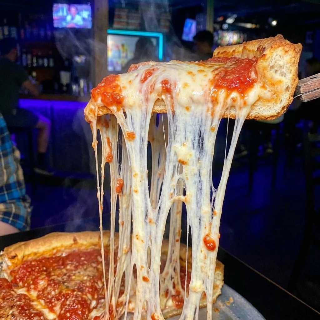 A close-up of a slice of deep dish pizza being lifted with long strands of melted cheese