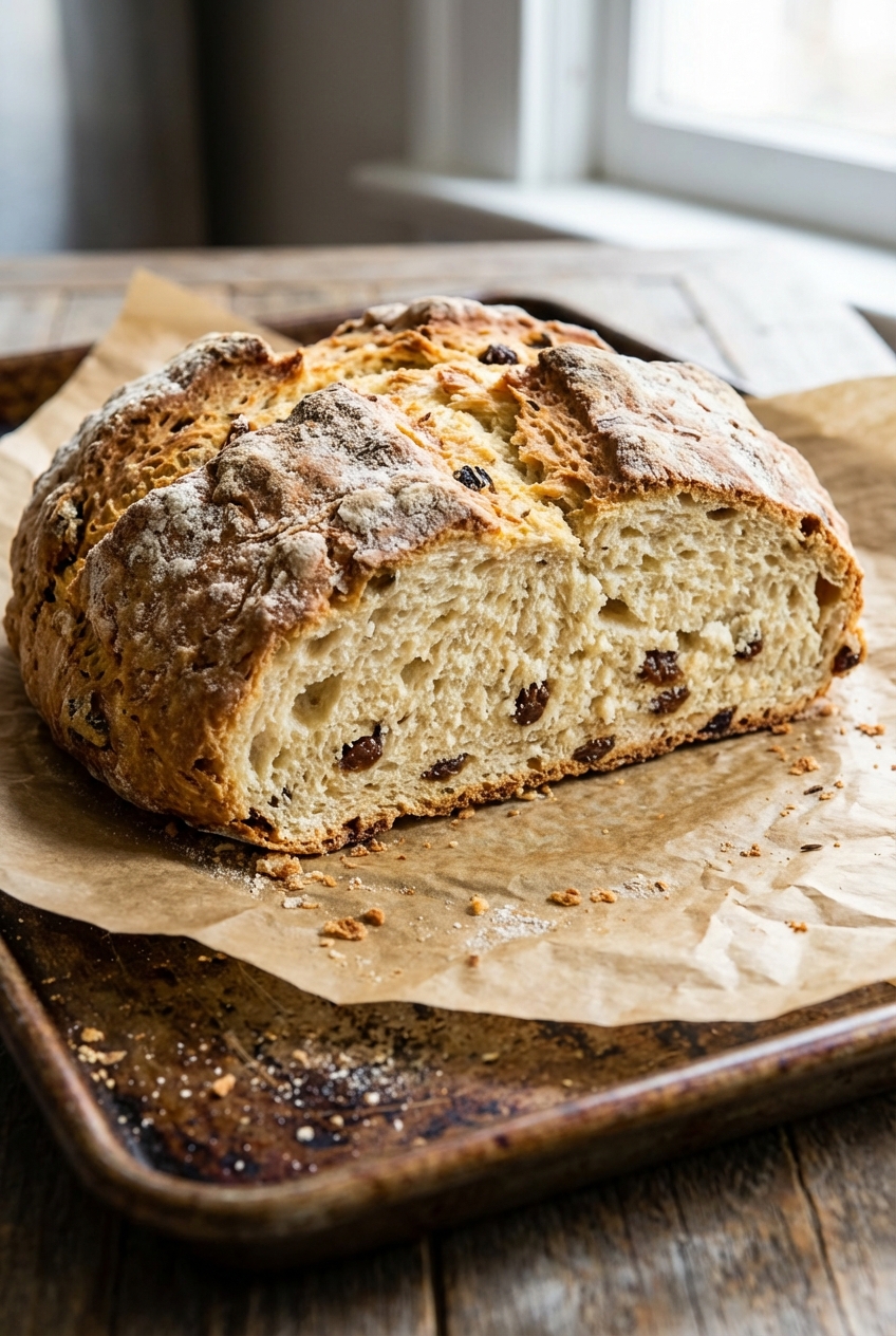 A close-up of a sliced Irish soda bread loaf showing a soft, fluffy crumb and golden crust on a parchment-lined baking sheet