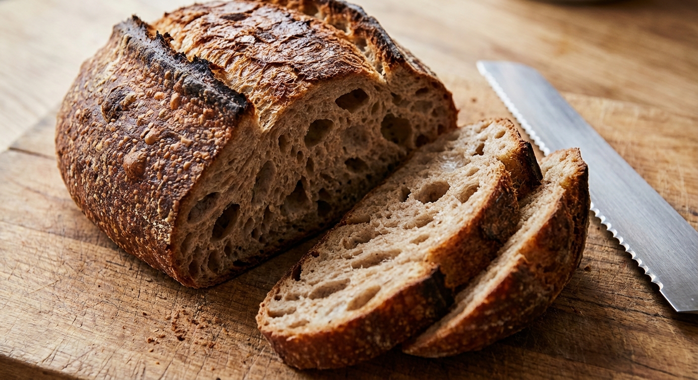 A close-up of a sliced artisan bread loaf showing an airy crumb and crisp crust on a cutting board