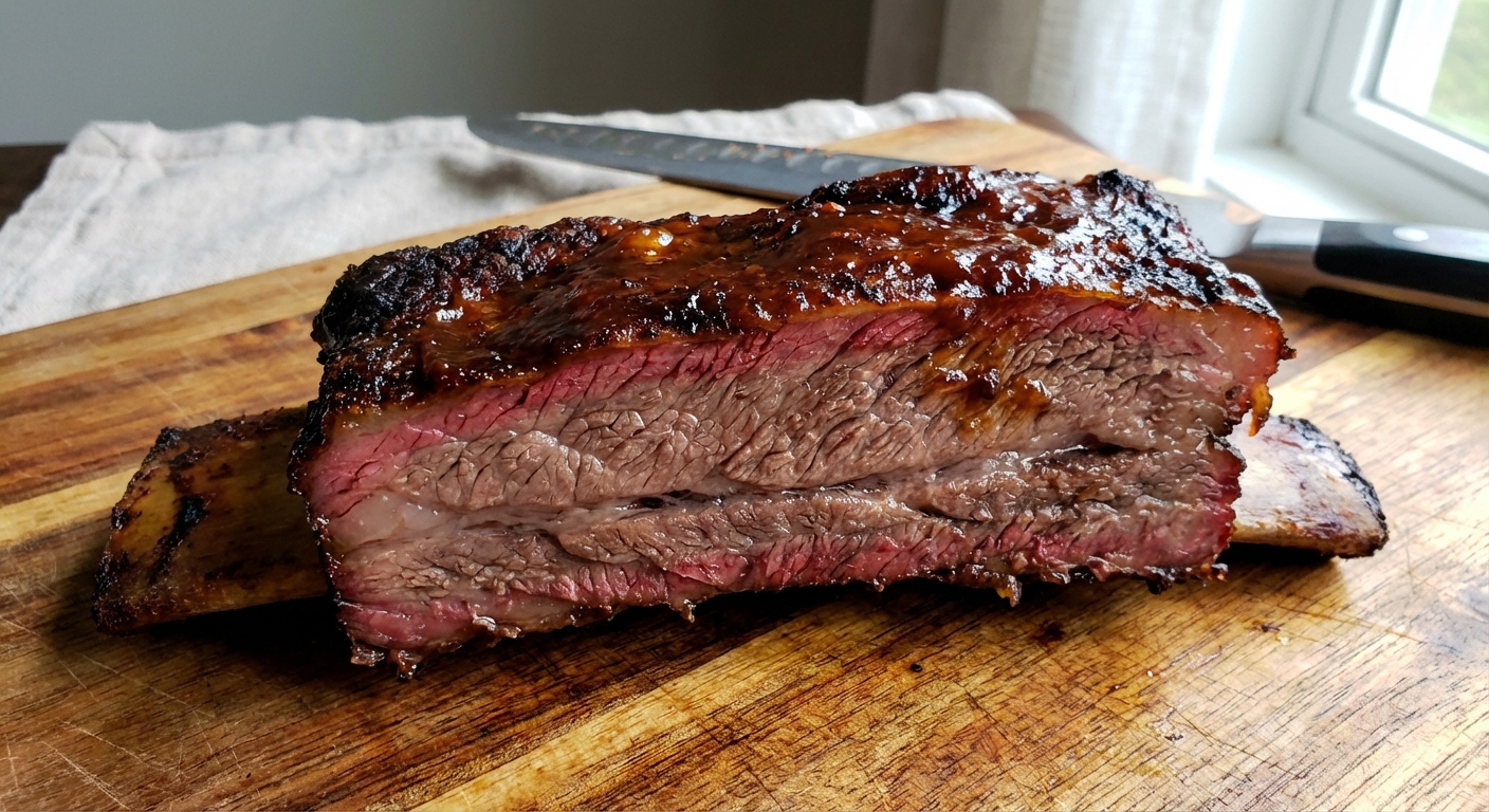 A close-up of a sliced beef rib showing a rosy ring near the edge and a shiny glazed surface