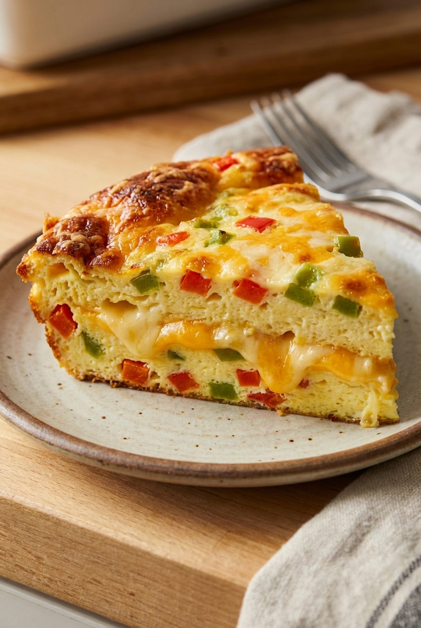 A close-up of a sliced egg bake showing tender layers with melted cheese and small pieces of bell pepper