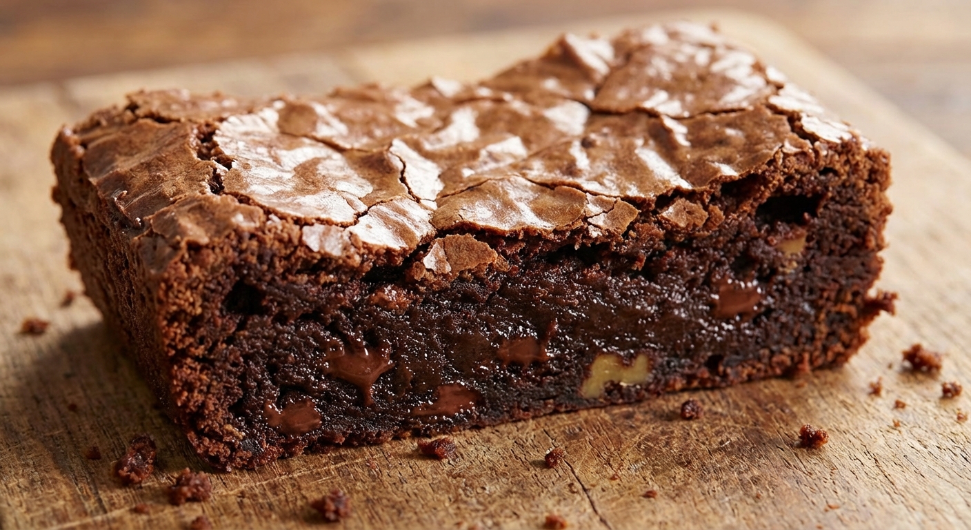 A close-up of a sliced fudgy brownie showing a dense dark center and crisp crackly top