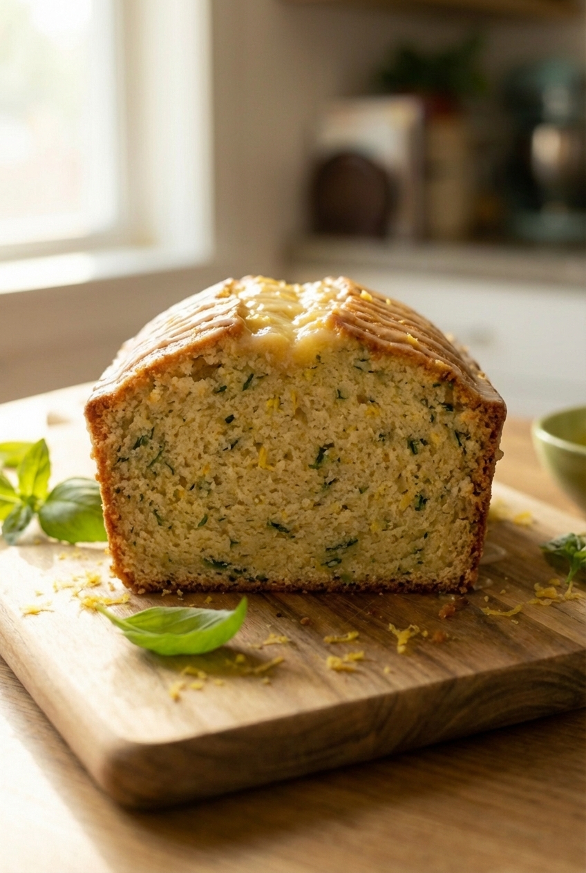 A close-up of a sliced lemon basil loaf showing a moist crumb with green basil flecks and lemon zest