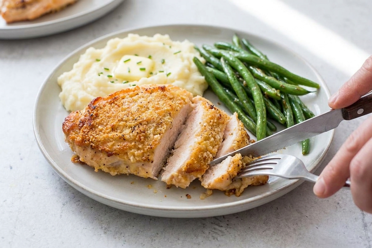 A close-up of a sliced parmesan crusted chicken breast showing juicy interior, served with mashed potatoes and green beans on a dinner plate