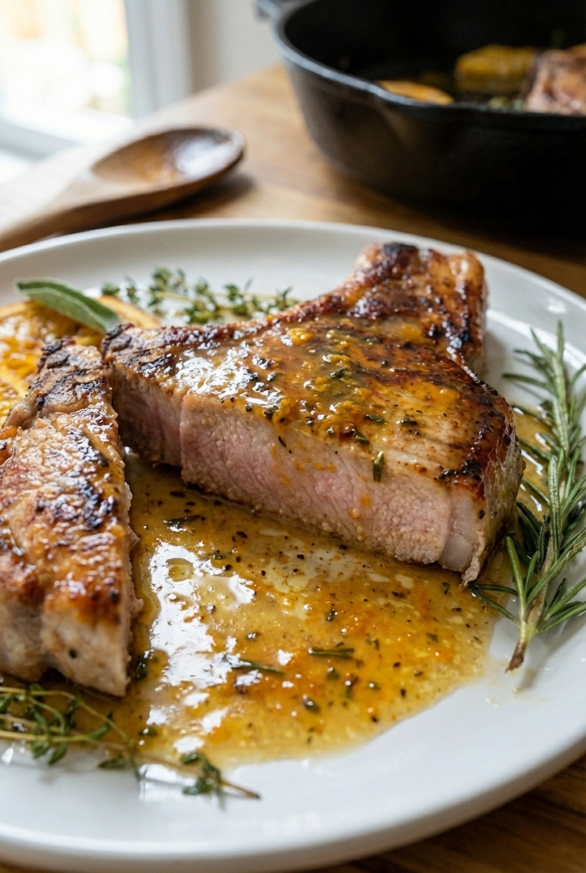 A close-up of a sliced pork chop showing a juicy center with citrus sauce pooled on the plate