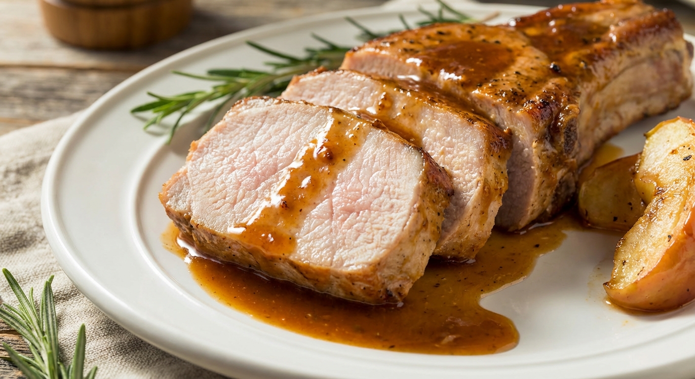A close-up of a sliced pork chop showing a juicy interior with glaze pooling on the plate